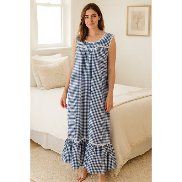 Alexander Rossa Blue Gingham Cotton Nightgown XL Ballet Length Cottagecore - Picture 1 of 11